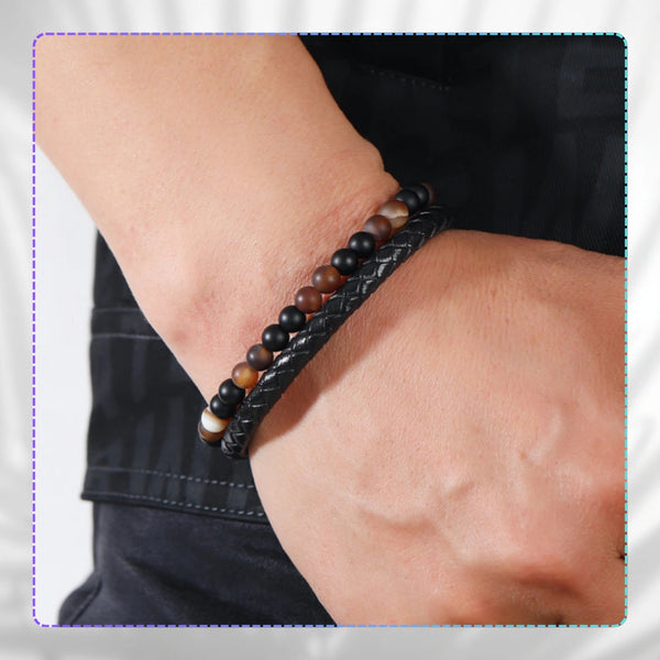 Vyriška odinė apyrankė su natūraliais akmenimis, magnetinis užsegimas