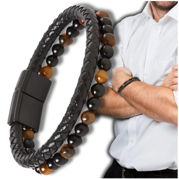 Vyriška odinė apyrankė su natūraliais akmenimis (juoda/ruda), magnetas