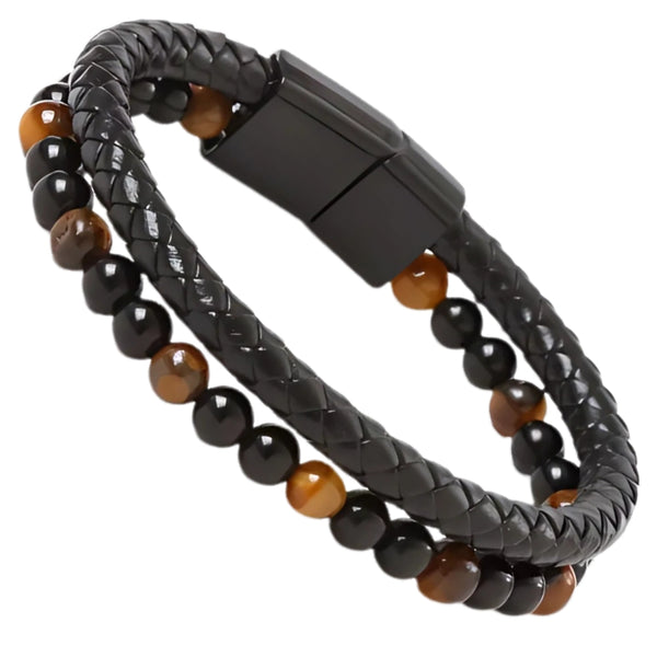 Vyriška odinė apyrankė su natūraliais akmenimis (juoda/ruda), magnetas