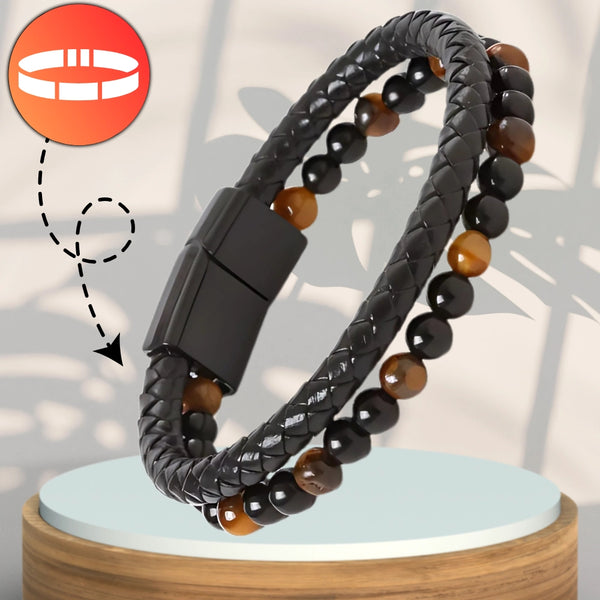 Vyriška odinė apyrankė su natūraliais akmenimis (juoda/ruda), magnetas