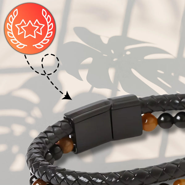 Vyriška odinė apyrankė su natūraliais akmenimis (juoda/ruda), magnetas