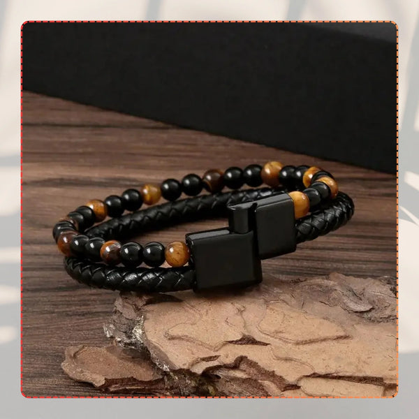 Vyriška odinė apyrankė su natūraliais akmenimis (juoda/ruda), magnetas