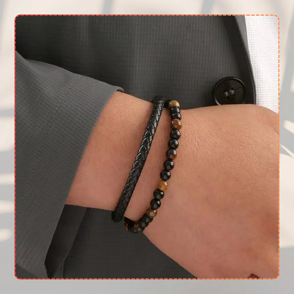 Vyriška odinė apyrankė su natūraliais akmenimis (juoda/ruda), magnetas