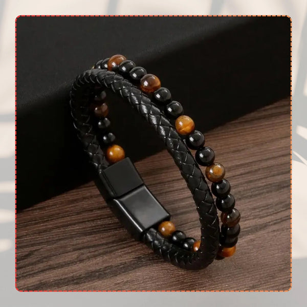 Vyriška odinė apyrankė su natūraliais akmenimis (juoda/ruda), magnetas