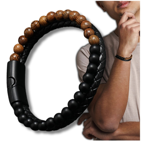 Vyriška apyrankė – juoda oda ir akmeniniai karoliukai