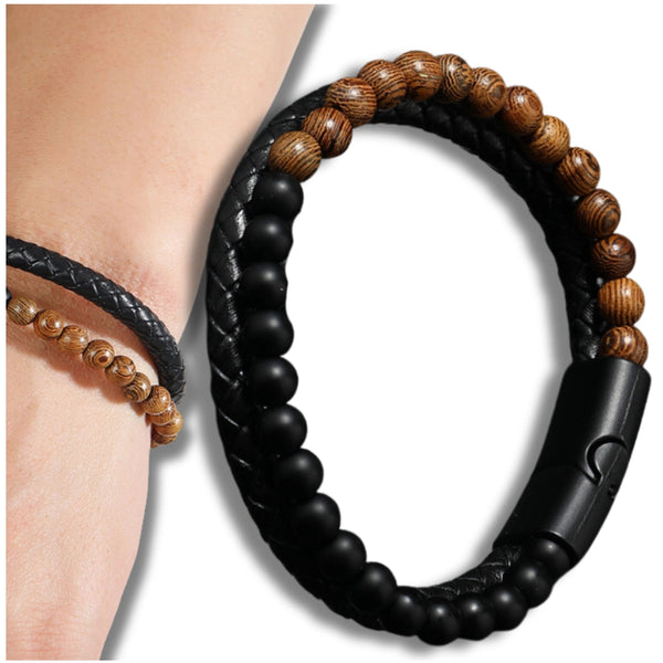 Vyriška apyrankė – juoda oda ir akmeniniai karoliukai