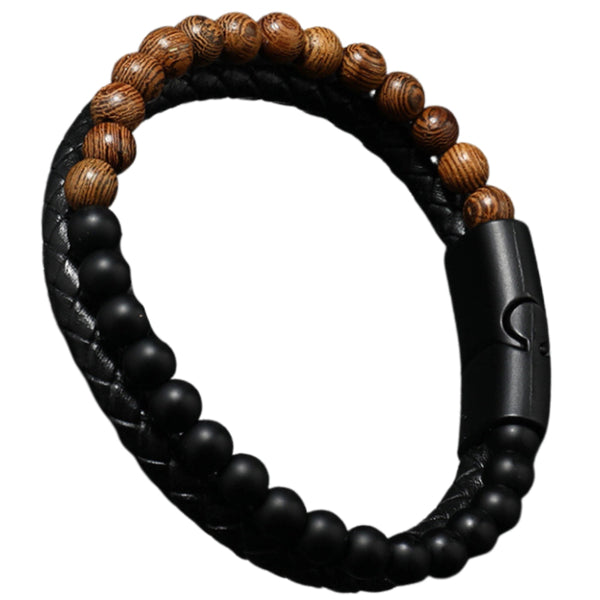 Vyriška apyrankė – juoda oda ir akmeniniai karoliukai