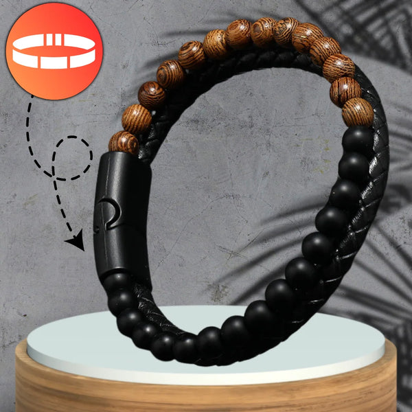 Vyriška apyrankė – juoda oda ir akmeniniai karoliukai