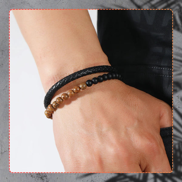 Vyriška apyrankė – juoda oda ir akmeniniai karoliukai