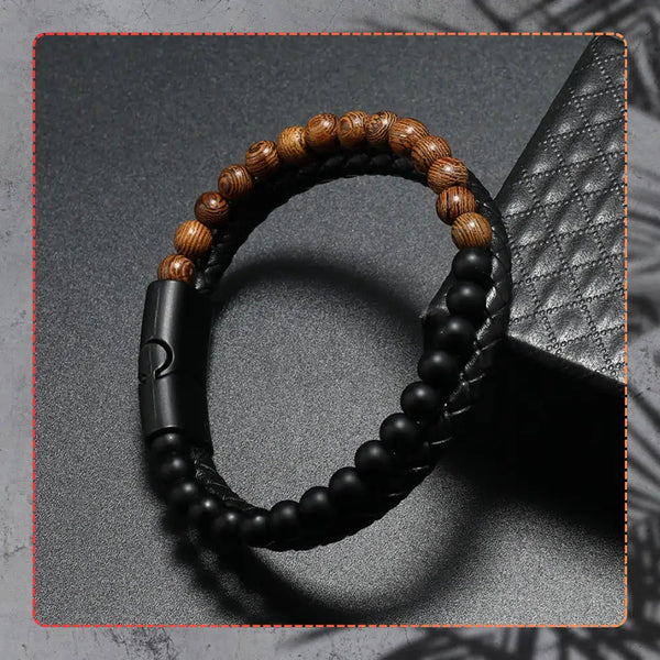 Vyriška apyrankė – juoda oda ir akmeniniai karoliukai