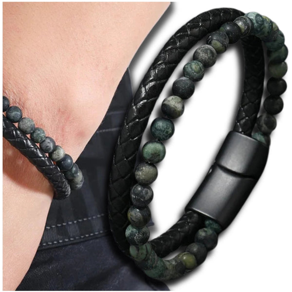 Vyriška apyrankė – juoda oda ir žali akmenys