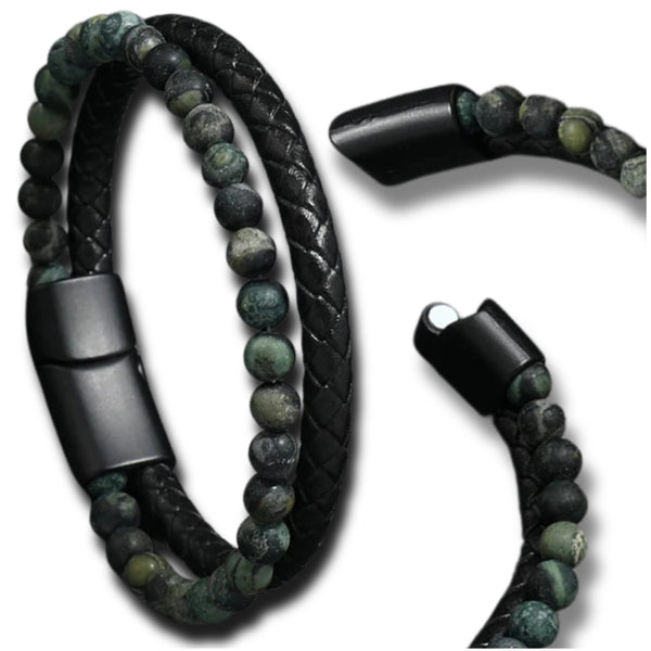 Vyriška apyrankė – juoda oda ir žali akmenys