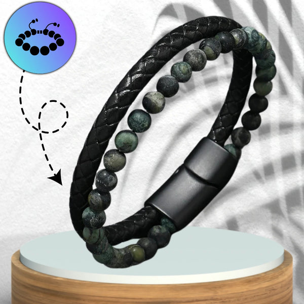 Vyriška apyrankė – juoda oda ir žali akmenys