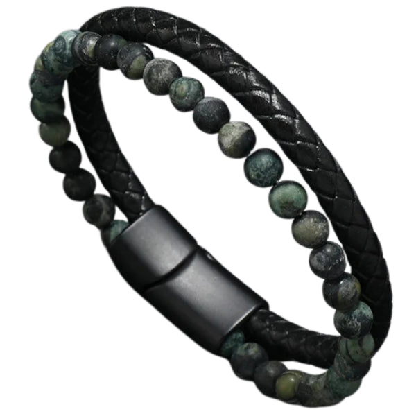 Vyriška apyrankė – juoda oda ir žali akmenys