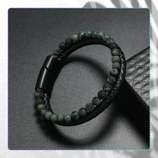 Vyriška apyrankė – juoda oda ir žali akmenys