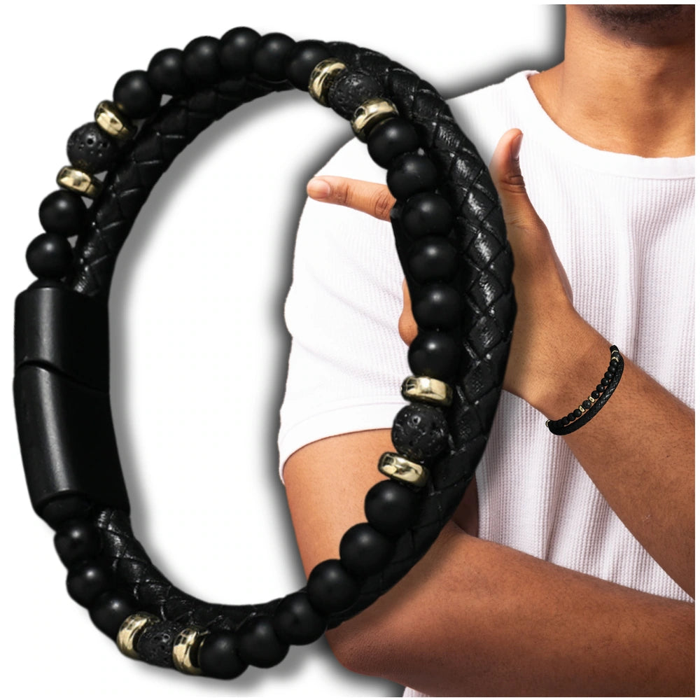 Vyriška apyrankė – juoda oda, akmenys ir auksiniai žiedai