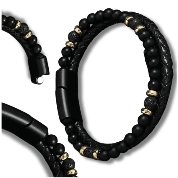 Vyriška apyrankė – juoda oda, akmenys ir auksiniai žiedai