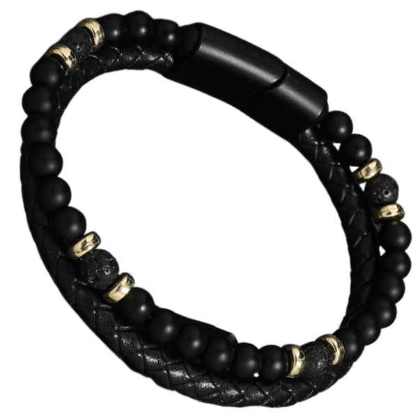 Vyriška apyrankė – juoda oda, akmenys ir auksiniai žiedai