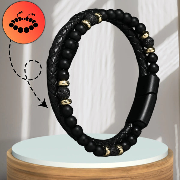 Vyriška apyrankė – juoda oda, akmenys ir auksiniai žiedai