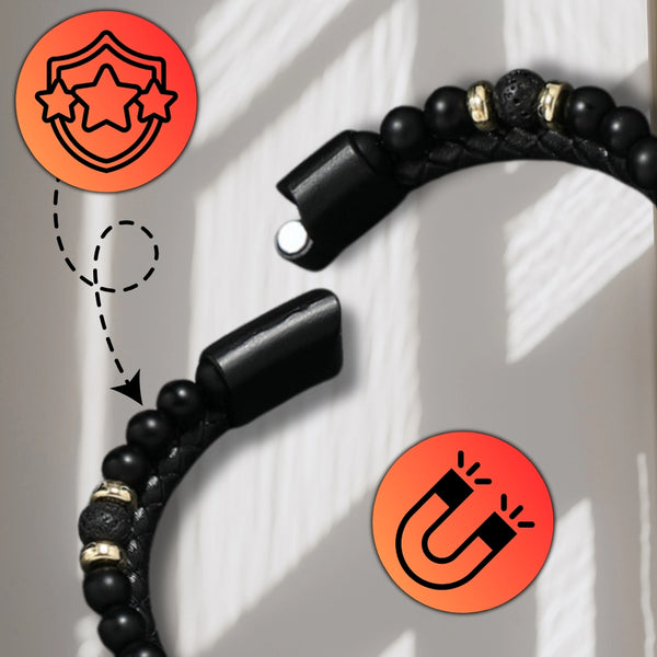 Vyriška apyrankė – juoda oda, akmenys ir auksiniai žiedai