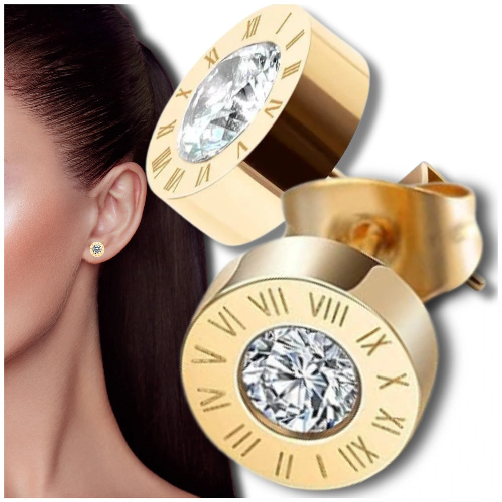 Auksiniai auskarai su cirkoniu, chirurginis plienas