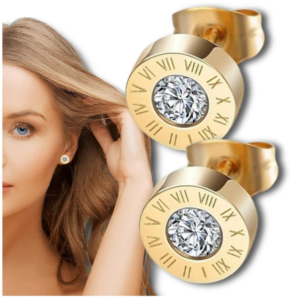 Auksiniai auskarai su cirkoniu, chirurginis plienas