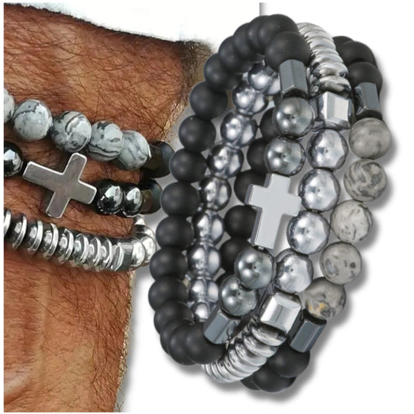 3 apyrankių rinkinys su kryžiumi ir matiniais karoliukais