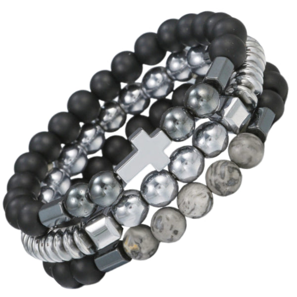 3 apyrankių rinkinys su kryžiumi ir matiniais karoliukais