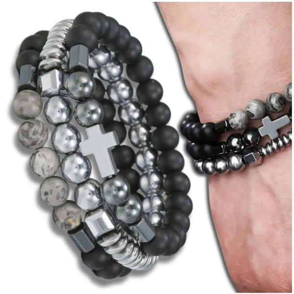 3 apyrankių rinkinys su kryžiumi ir matiniais karoliukais