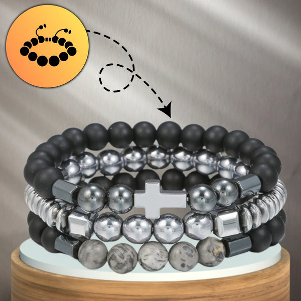 3 apyrankių rinkinys su kryžiumi ir matiniais karoliukais