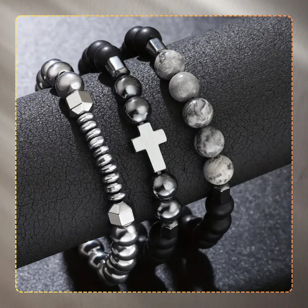 3 apyrankių rinkinys su kryžiumi ir matiniais karoliukais