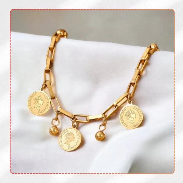 Auksinė apyrankė su monetų pakabukais, chirurginis plienas