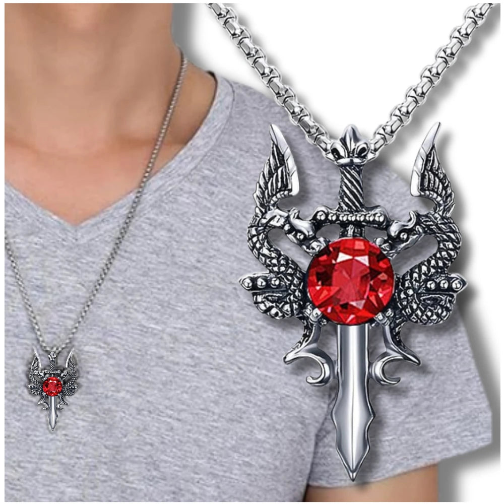 Vyriškas sidabrinės spalvos vėrinys su drakono kardu