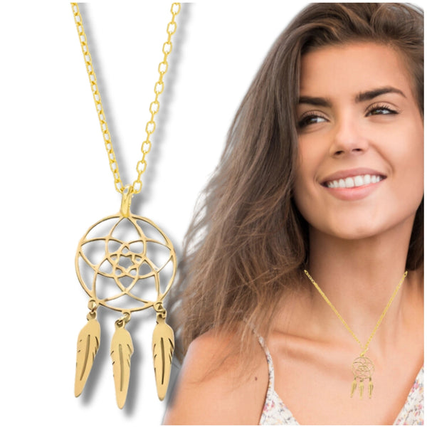 Auksinis kaklo papuošalas su sapnų gaudykle, plienas