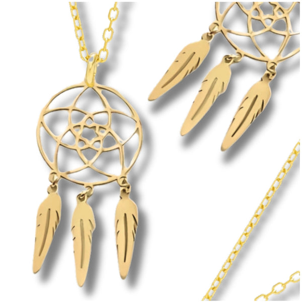 Auksinis kaklo papuošalas su sapnų gaudykle, plienas