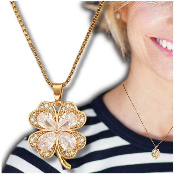 Auksinis vėrinys su cirkoniais ir keturlape dobele, chirurginis plienas