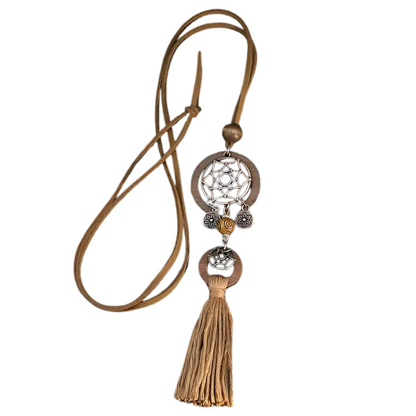 Rudas boho vėrinys su sapnų gaudykle ir kutais