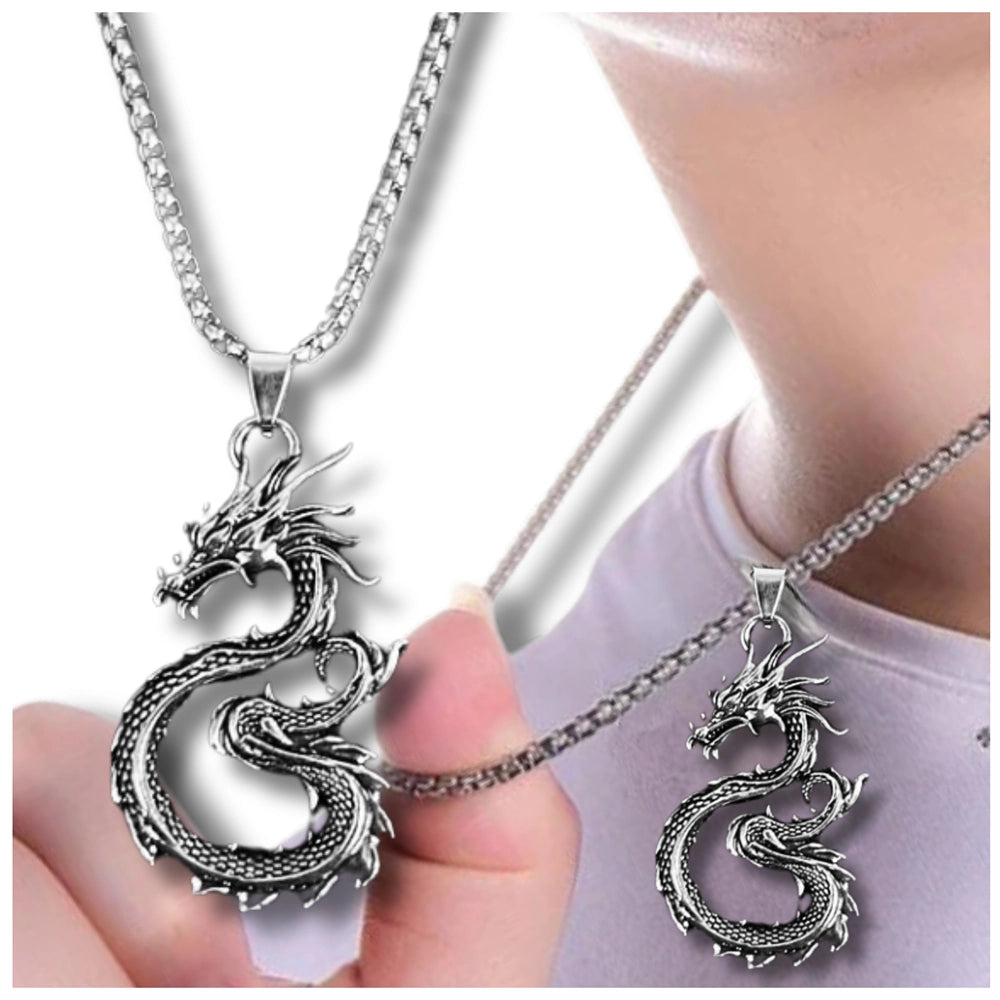 Vyriškas sidabrinės spalvos drakono pakabukas (60 cm)