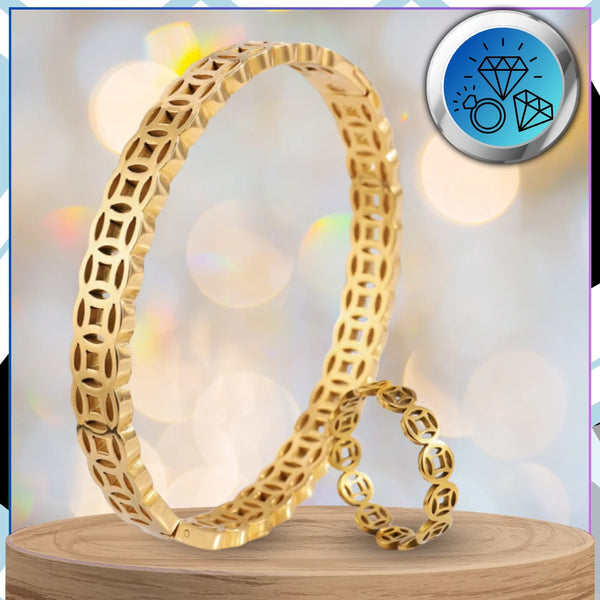 Papuošalų rinkinys: auksinė apyrankė ir žiedas, chirurginis plienas