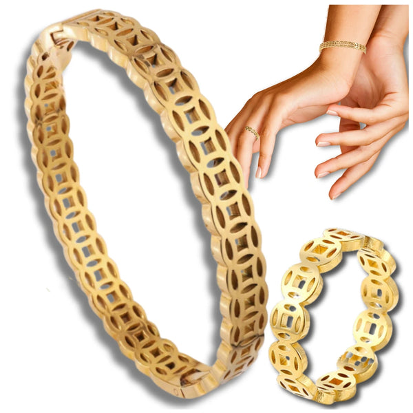 Papuošalų rinkinys: auksinė apyrankė ir žiedas, chirurginis plienas