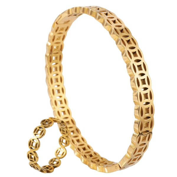 Papuošalų rinkinys: auksinė apyrankė ir žiedas, chirurginis plienas