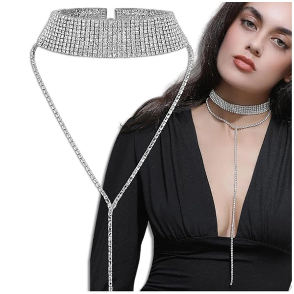 Ilgas sidabrinės spalvos chokeris su cirkoniais (10 eilių)