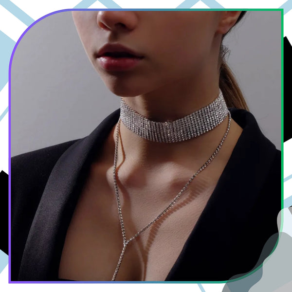 Ilgas sidabrinės spalvos chokeris su cirkoniais (10 eilių)