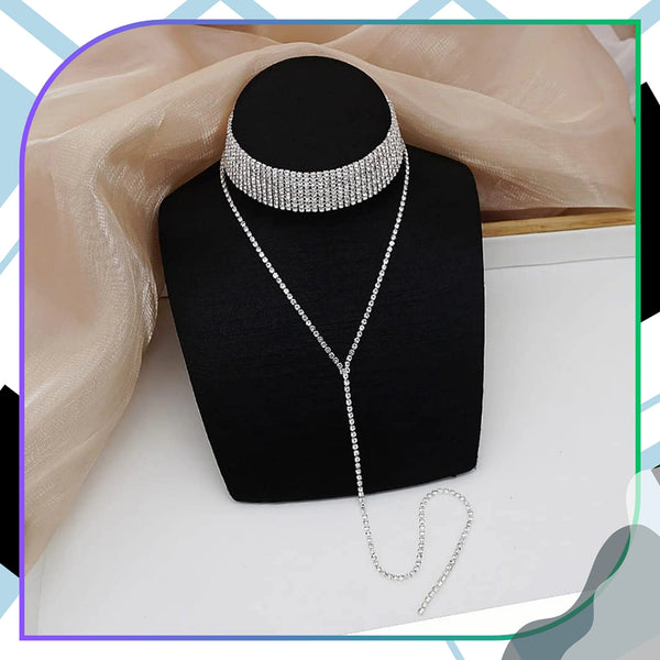 Ilgas sidabrinės spalvos chokeris su cirkoniais (10 eilių)