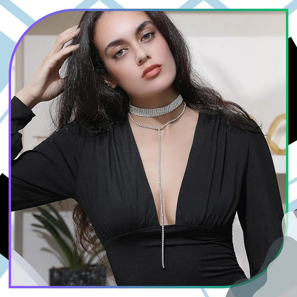 Ilgas sidabrinės spalvos chokeris su cirkoniais (10 eilių)