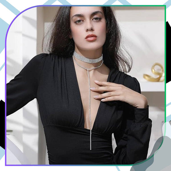 Ilgas sidabrinės spalvos chokeris su cirkoniais (10 eilių)