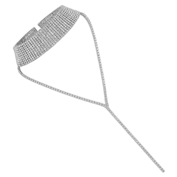 Ilgas sidabrinės spalvos chokeris su cirkoniais (10 eilių)