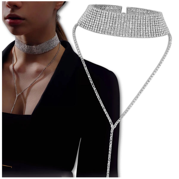 Ilgas sidabrinės spalvos chokeris su cirkoniais (10 eilių)