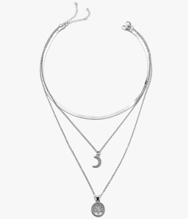 Sidabrinės spalvos boho chokeris su mėnuliu ir medžiu