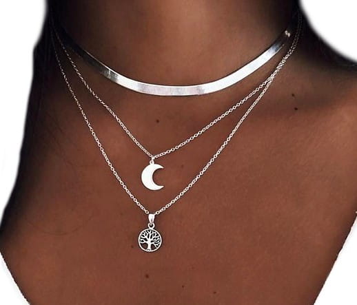Sidabrinės spalvos boho chokeris su mėnuliu ir medžiu